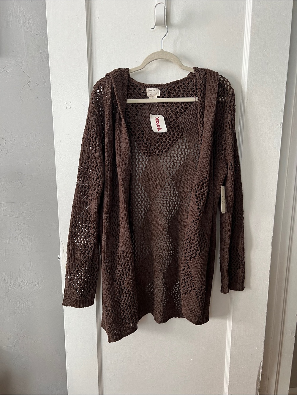 Nicole Miller Open-Knit Hooded Cardigan in Brown